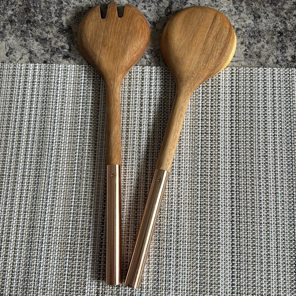 Cravings by Chrissy Teigen Acacia Wood & Gold Metal Handle Salad Serving Set